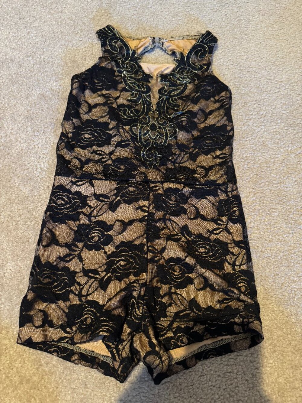 Black Lace & Nude Biker Romper Dance Costume - Gold Applique